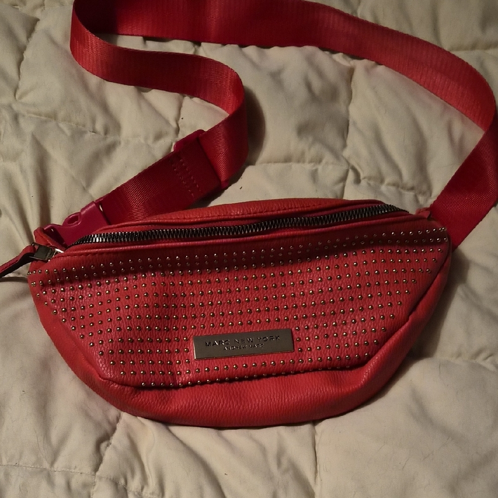 Andrew Marc Red Belt Bag with Stud Accents